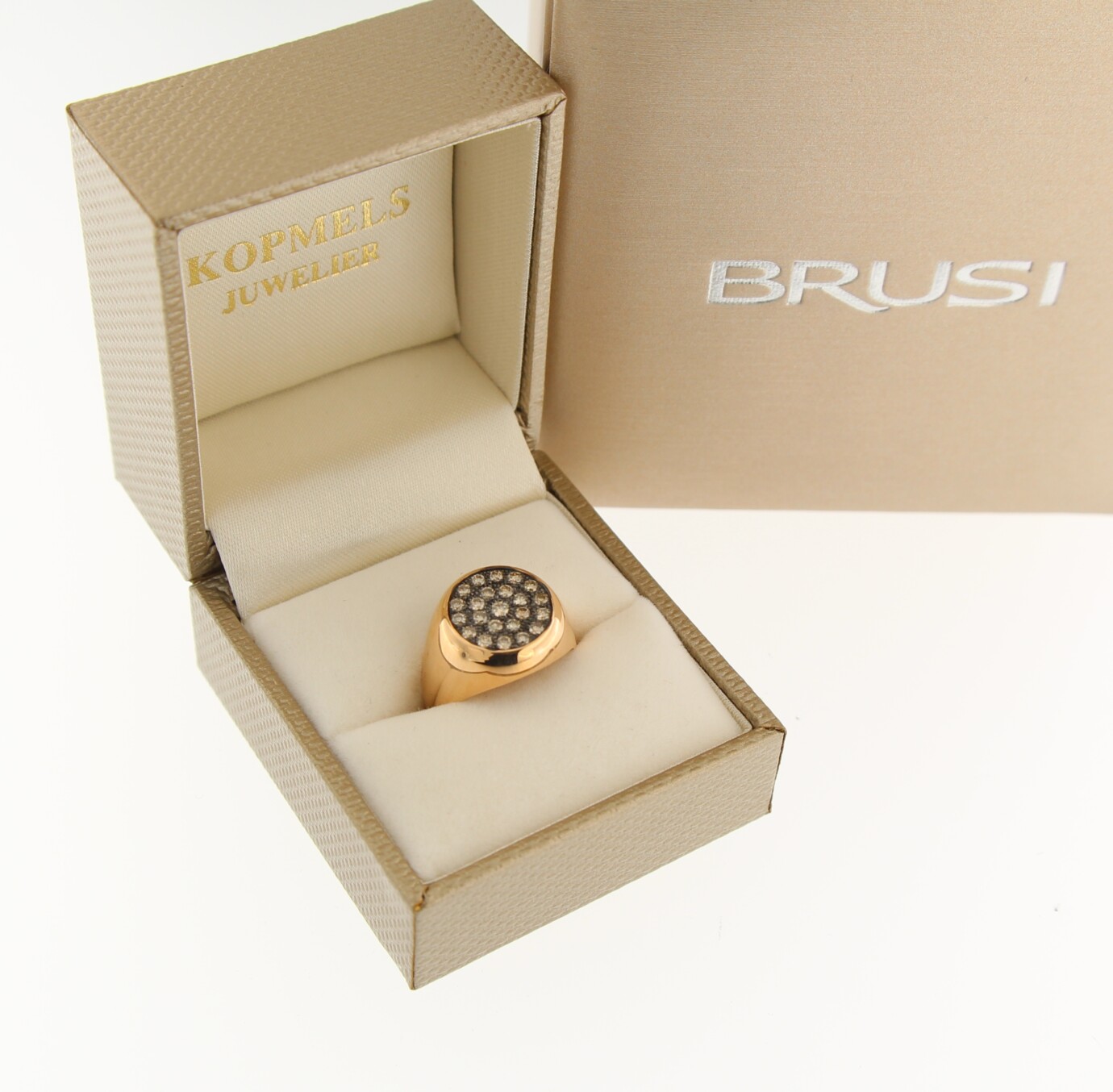 Brusi, rosegouden ring, champagne diamant
