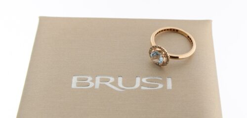 Brusi rosegouden ring, Big Kate collectie, met Aquamarijn en champagne diamant