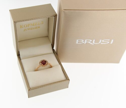 Brusi rosegouden ring, Big Kate collectie, met rhodoliet en champagne diamant