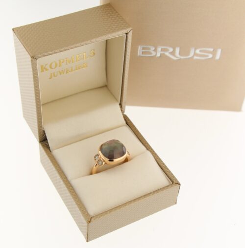 Brusi, rosegouden ring met labradoriet en champagne diamant