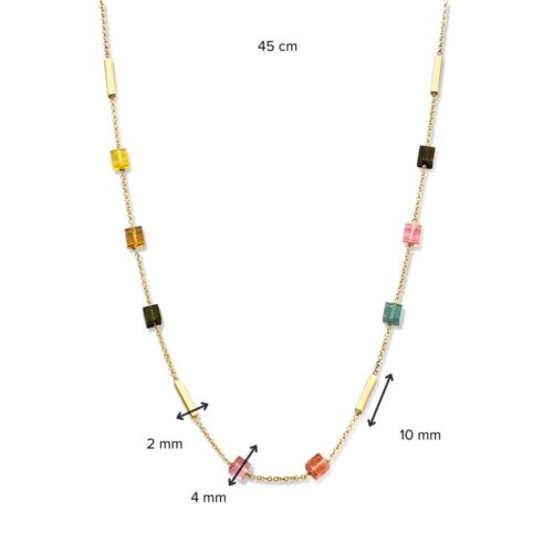 Geelgouden collier met strakke elementen en toermalijnen blokjes in verschillende kleuren.
