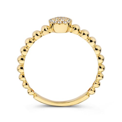 Geelgouden bolletjes ring met een rond middenstuk gezet met fonkelende diamanten. 