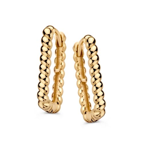 Grote geelgouden oorringen, paperclipschakel met gedraaide band.