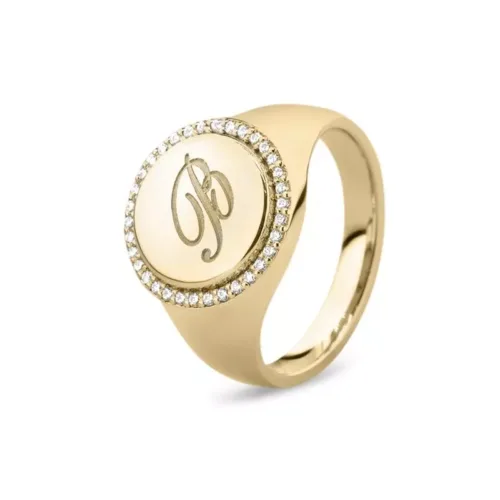 SEE YOU, ROUND SIGNET & ASH RING, 14 karaat geelgoud met diamant 464 Y