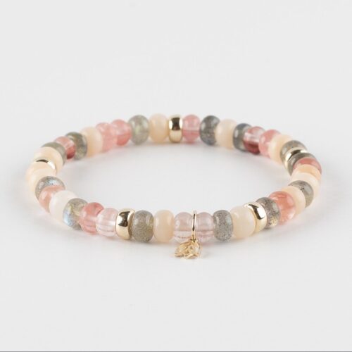 yg-edelstenen-armband-2Edelstenen armband (6x4mm kralen) - Vijf gouden beads en tulp logo in 14k goud Donkere labrodoriet - Rozenkwarts - Aventurijn