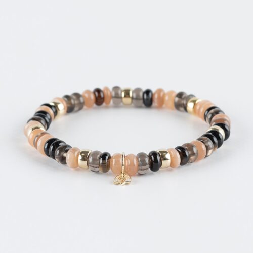 Y&G Chic Edelstenen armband (6x4mm kralen) | Zeven 14k gouden beads & tulp logo Maansteen, theekwarts en rookkwarts