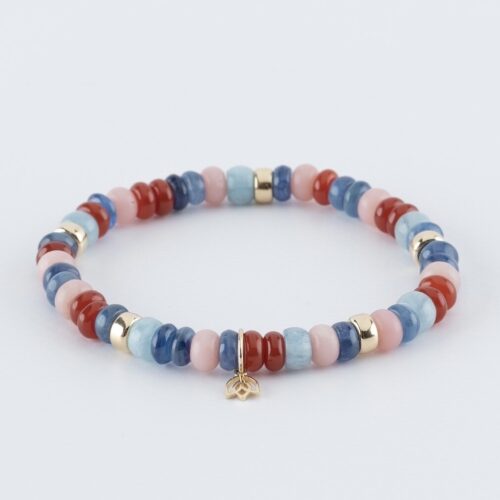 Y&G Romantic Touch Edelstenen armband (6x4mm kralen) | Vijf 14kt gouden beads & tulp logo Aquamarijn | Kyaniet | Rodochrosiet | Agaat