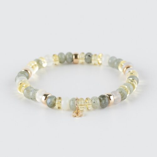 Y&G Shine Bright Edelstenen armband (6x4mm kralen) | Vijf 14kt gouden beads & tulp logo Labradoriet | Maansteen | Citrien