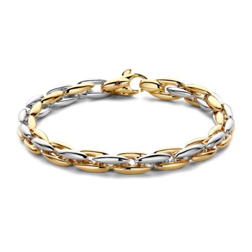 Elegante, bicolor wit- en geelgouden schakelarmband met een perfecte afwerking.