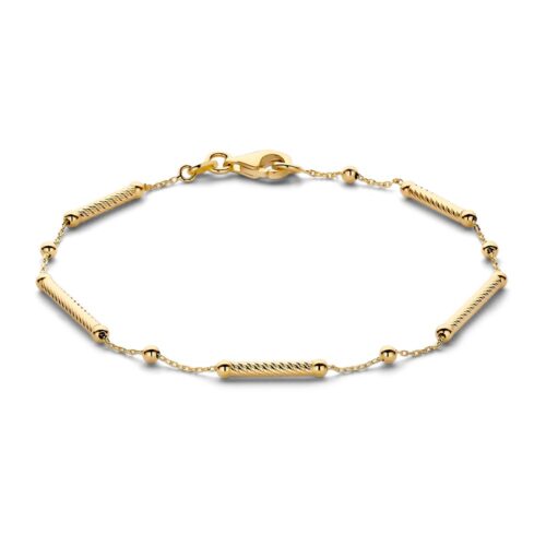 geelgouden fantasie armband. Speelse, geelgouden armband met gouden bolletjes en bewerkte staafjes.