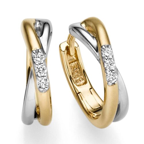 14 karaat bicolor crossover creolen met briljant 6-0.06ct