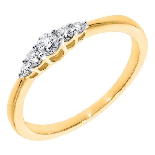 Geelgouden 5 steens ring oplopend, prachtige 14 karaat Ring 1-0.09/2-0.08/2-0.04 Crt H SI