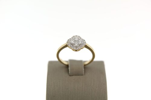geelgouden-ring-met-wit-briljant-gezet-als-bloem, Prachtige 14 karaat geelgouden bloem ring met wit briljant 