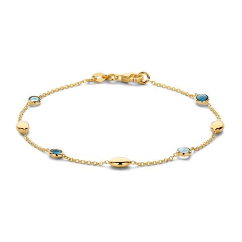 Geelgouden armband met blauwe topaas en london blue topaas. De kleurstenen worden afgewisseld met gouden elementen voor een speelse uitstraling.