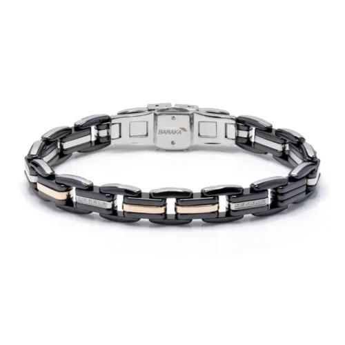 Bbaraka-armband-heren, Prachtige heren armband van Baraka met zwart keramiek, staal, 18karaat rosegoud en wit diamant 0.06ct BR231041ROCN-11R231041ROCN-11