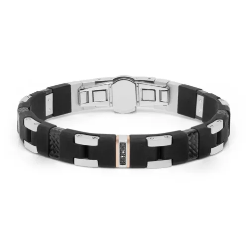 baraka-armband-heren, Prachtige heren armband van Baraka met 18karaat rosegoud, zwart diamant 0.10ct, carbon en rubber. BR302091RODN-10