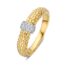 ring-bicolor-briljant-0-14-crt, Geelgouden ring met bewerkte band en een witgouden element gezet met diamant in pavézetting.