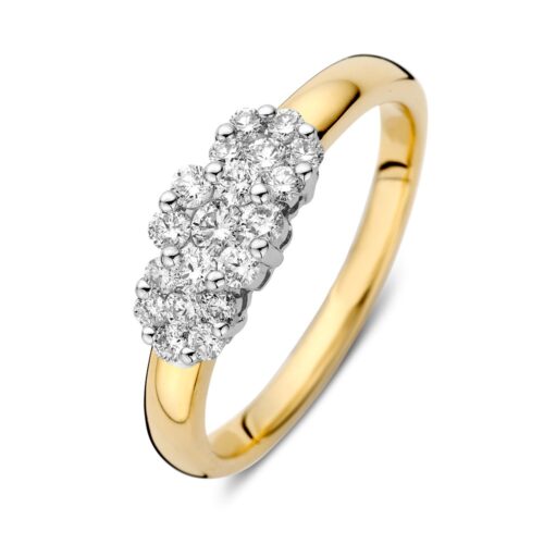 ring-bicolor-briljant-0-52-crt, Opvallende gouden ring met diamant. De bevat drie entouragezettingen op rij, waardoor hij je tegemoet schittert.