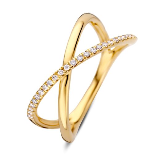 Ring geelgoud briljant 0.12 crt, Verfijnde, geelgouden crossover ring met één baan gezet met fijne diamanten.