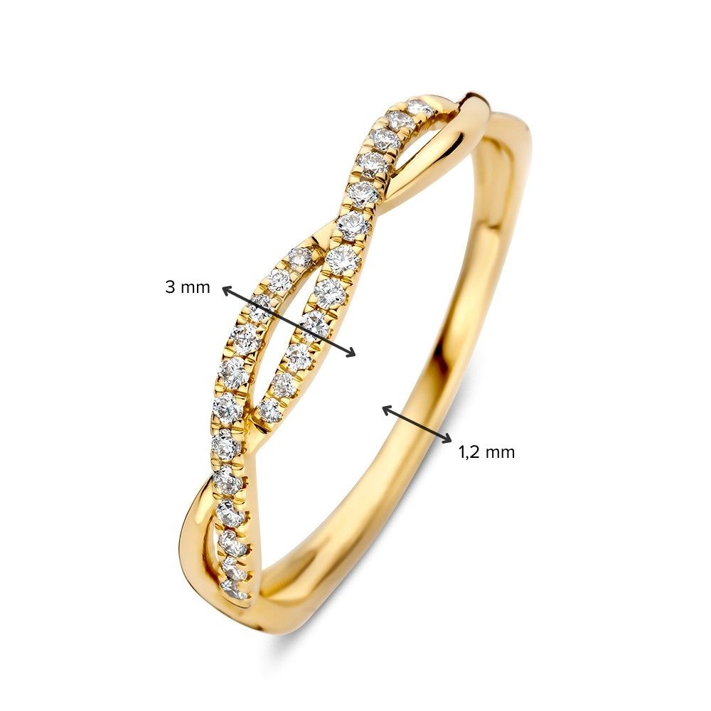 ring-geelgoud-briljant-0-13-crt, Geelgouden ring met een twist gezet met diamant. Leuk om te combineren met andere ringen.