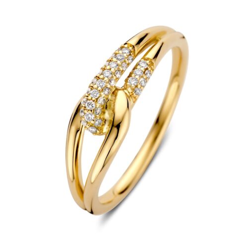 ring-geelgoud-briljant-0-14-crt, Speelse geelgouden ring met gevlochten knoop, deels gezet met fonkelende diamanten.