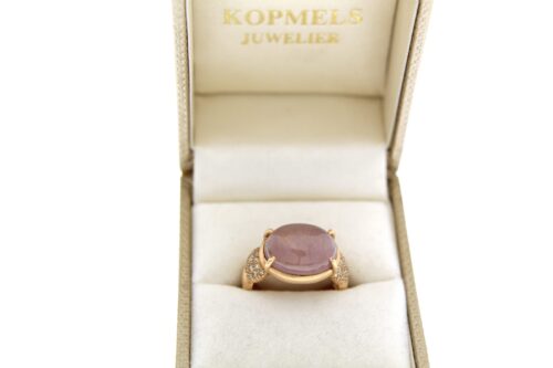 Brusi rosegouden matte ring met rose quartz steen en champagne diamant