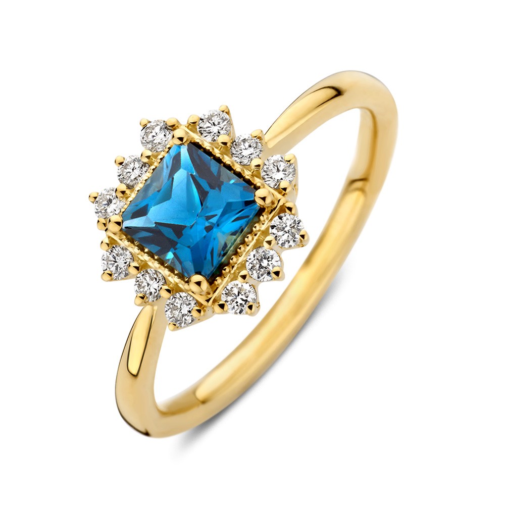 Geelgouden ring London blue topaas en briljant