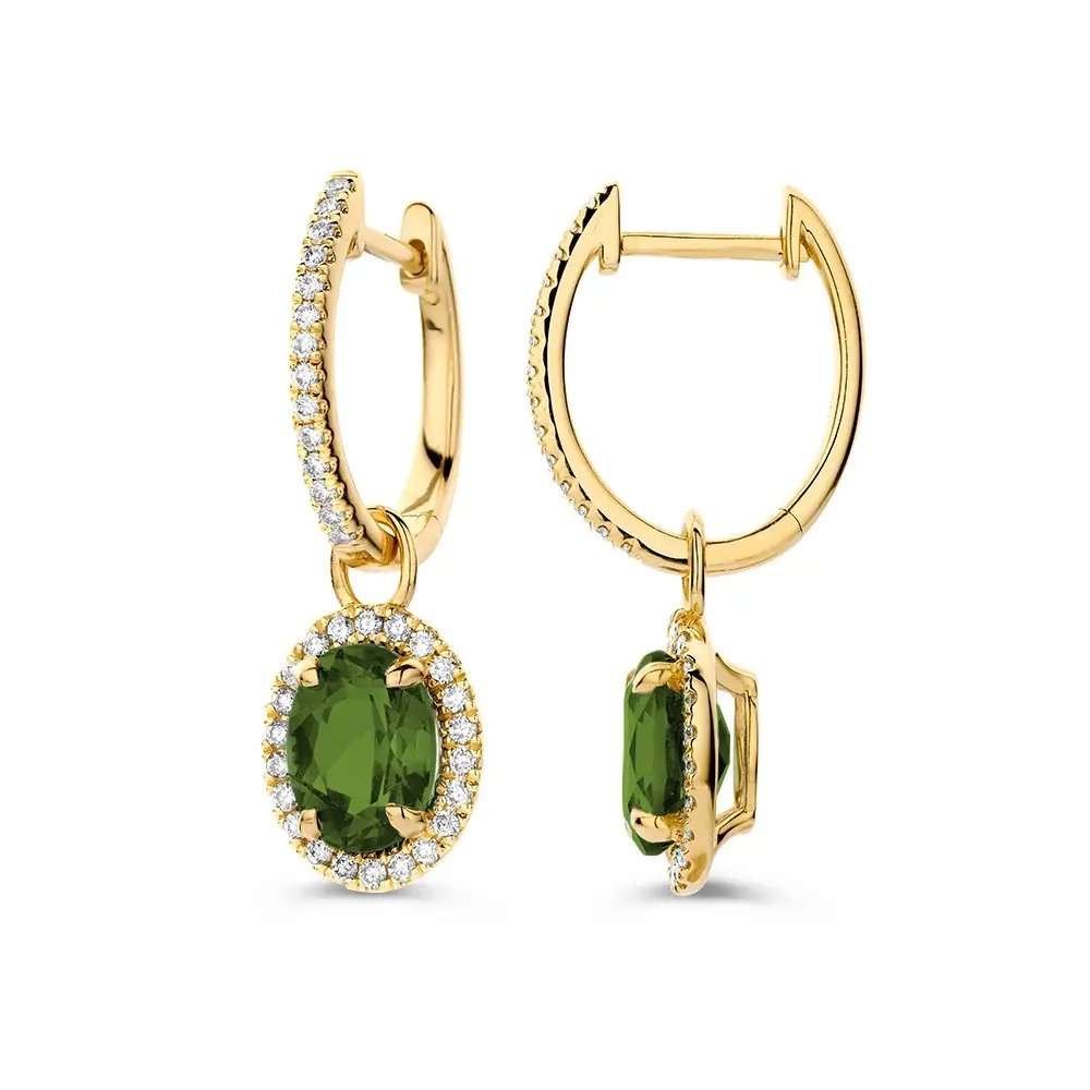 Geelgouden oorsieraden met diamant en groene tourmalijn - Afbeelding 2